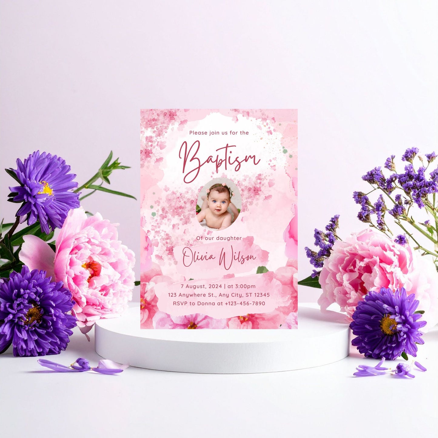 Pink Floral Baby Baptism Invitation Template – Editable Canva Baptism Invite, Girl Christening Invitation, Digital Download