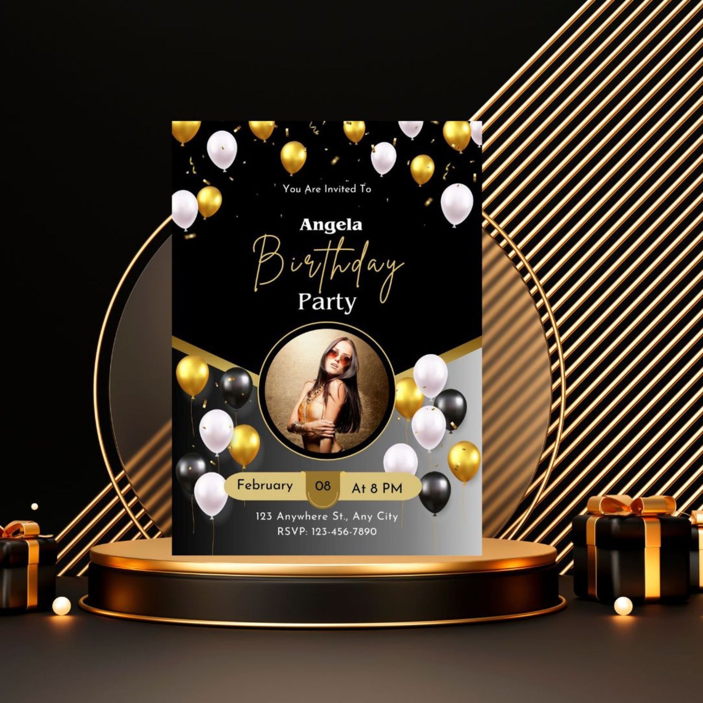 Elegant Black and Gold Birthday Party Invitation | Editable Canva Template | Digital Download