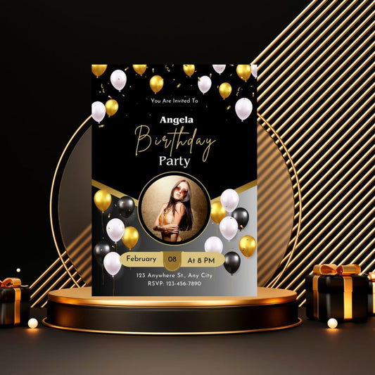 Elegant Black and Gold Birthday Party Invitation | Editable Canva Template | Digital Download