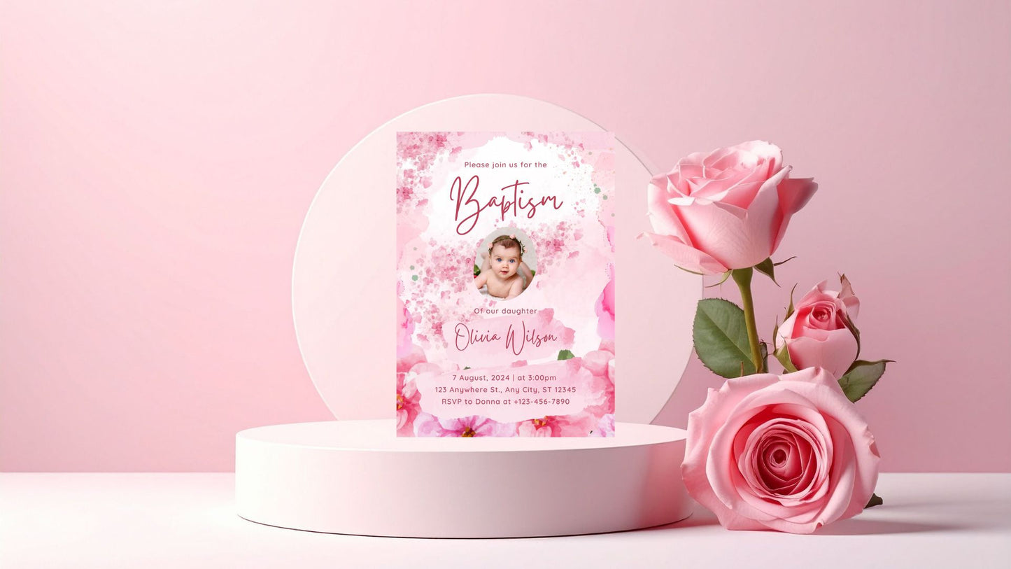 Pink Floral Baby Baptism Invitation Template – Editable Canva Baptism Invite, Girl Christening Invitation, Digital Download