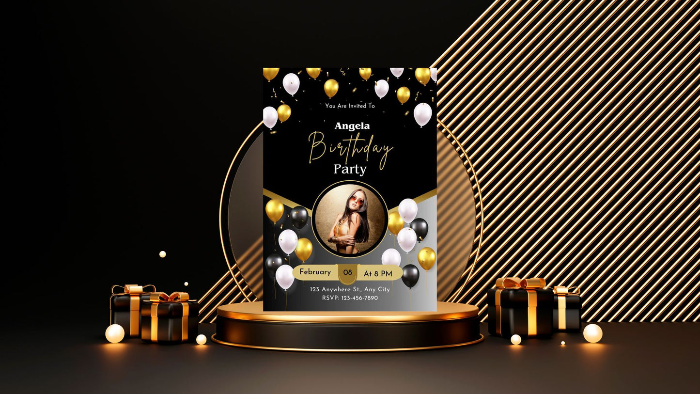 Elegant Black and Gold Birthday Party Invitation | Editable Canva Template | Digital Download