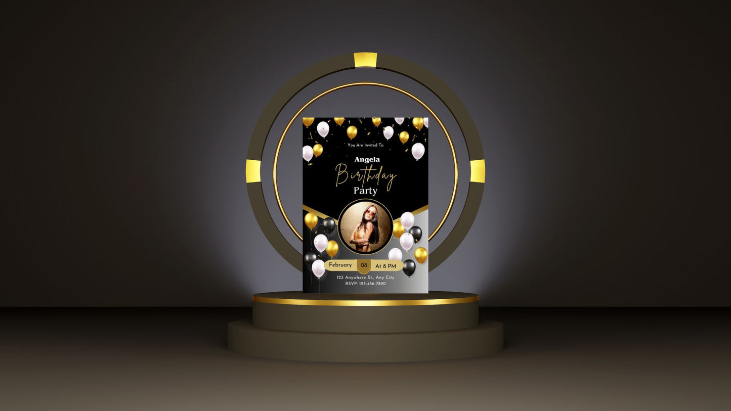Elegant Black and Gold Birthday Party Invitation | Editable Canva Template | Digital Download