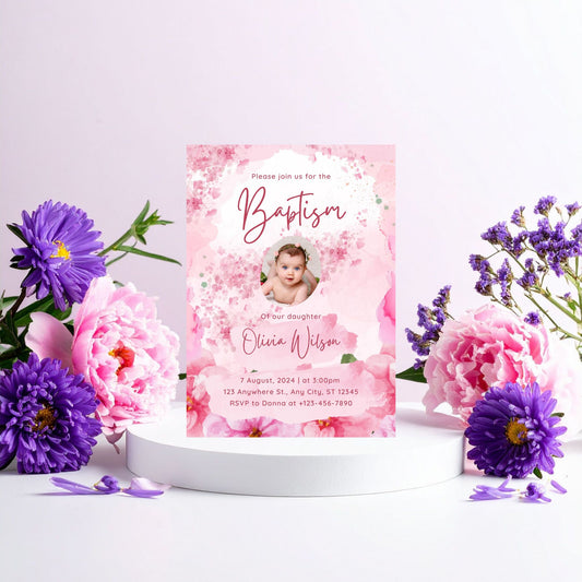 Pink Floral Baby Baptism Invitation Template – Editable Canva Baptism Invite, Girl Christening Invitation, Digital Download